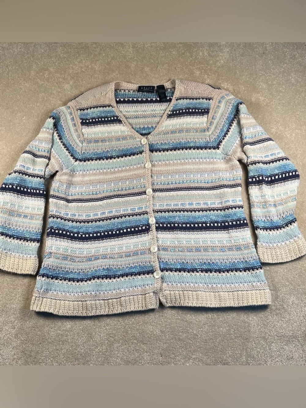 Crazy Horse Sweater Beige Blue Stripes Button up Knit Cardigan Women's 2 Plus